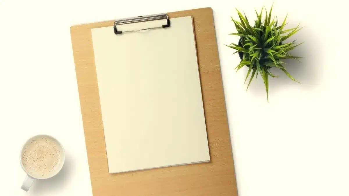 Bureau administratif vide avec dossiers empilés et horloge floue