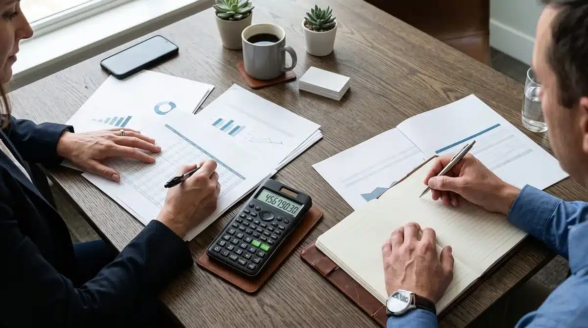 Mains anonymes feuilletant un rapport économique sur un bureau lumineux avec calculatrice